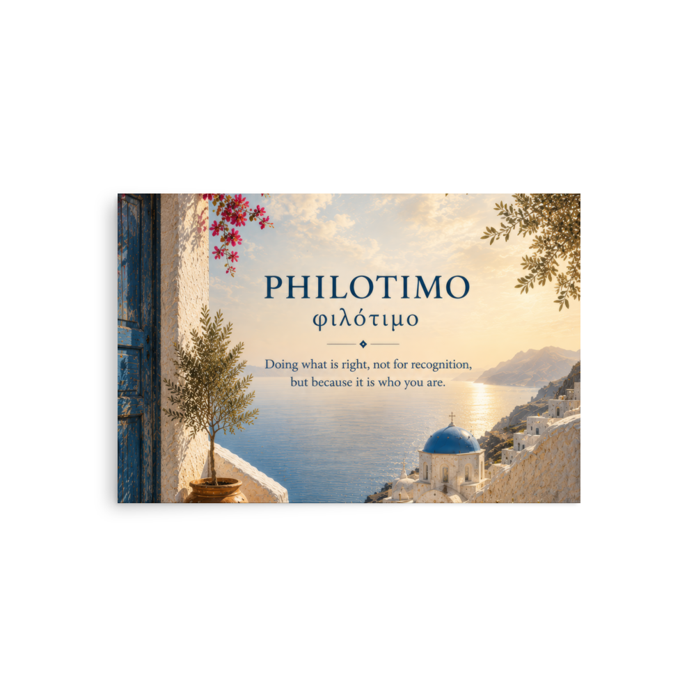 Poster featuring an artful design around the Greek concept of philotimo, 20″×30″ size.