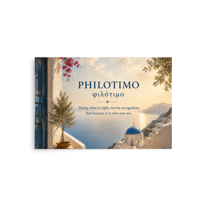 Poster featuring an artful design around the Greek concept of philotimo, 20″×30″ size.