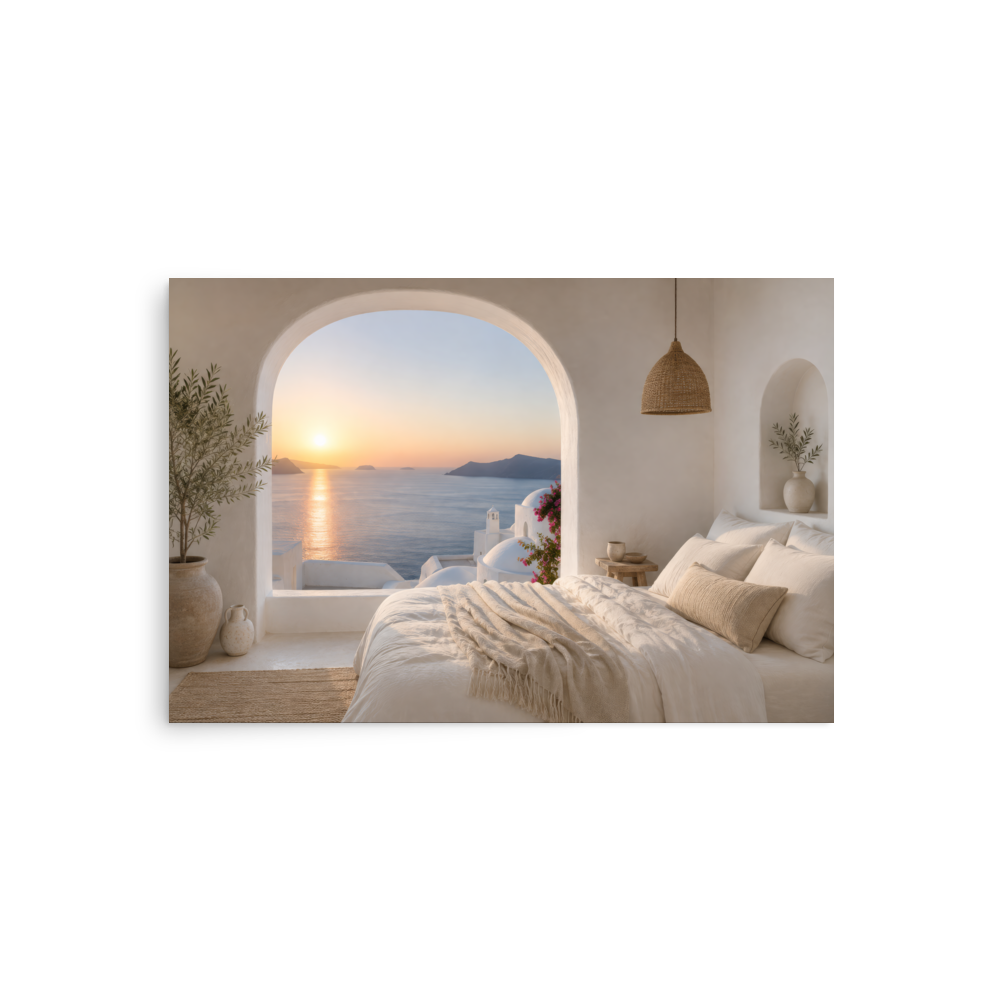 Illustrated Greek-island bedroom scene with whitewashed walls and sea-blue light, 20″×30″ size.