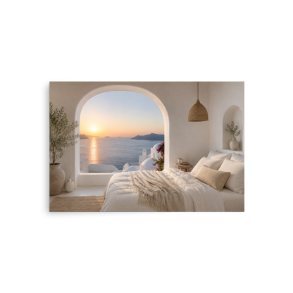 Illustrated Greek-island bedroom scene with whitewashed walls and sea-blue light, 20″×30″ size.