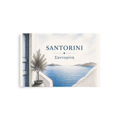 Hand-drawn sketch-style poster of Santorini's cliffside, whitewashed architecture — additional product photo.
