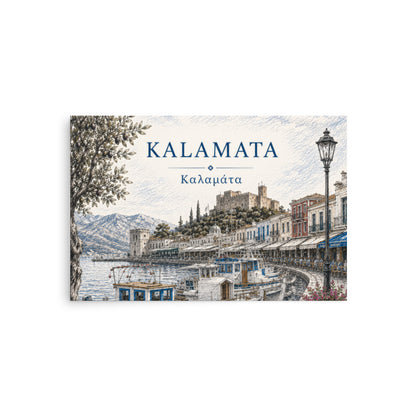 Illustrated Kalamata, Greece harbor scene with fishing boats, waterfront buildings, mountains, and an olive tree, titled “KALAMATA” and “Καλαμάτα”, 20″×30″ size.
