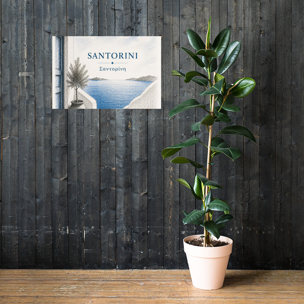 Hand-drawn sketch-style poster of Santorini's cliffside, whitewashed architecture — additional product photo.
