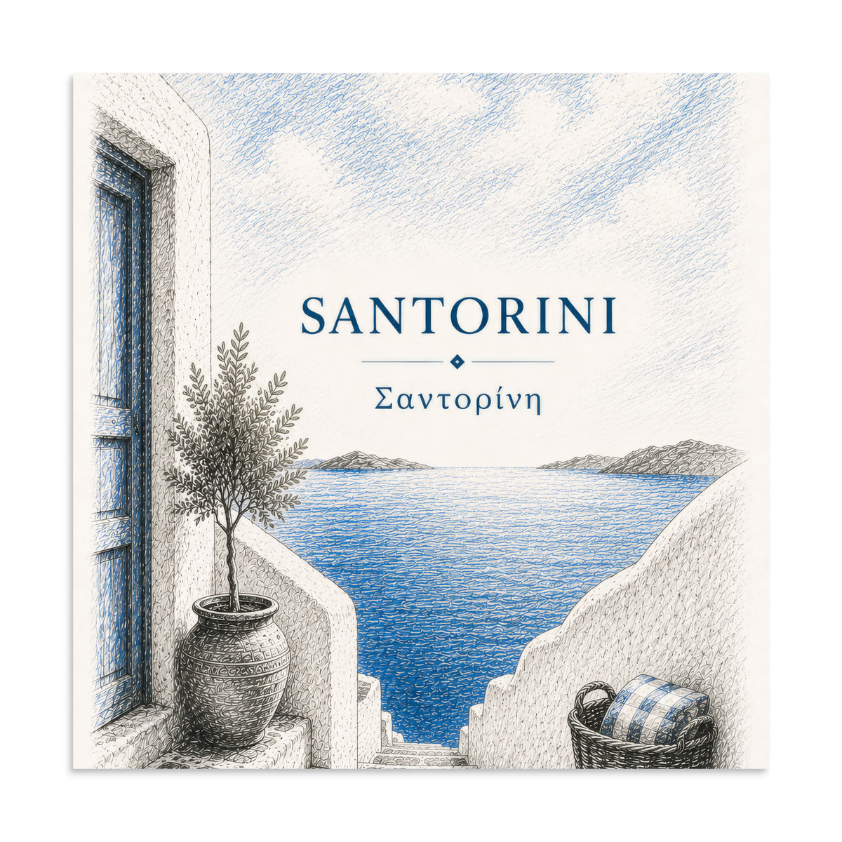 Hand-drawn sketch-style poster of Santorini's cliffside, whitewashed architecture — additional product photo.