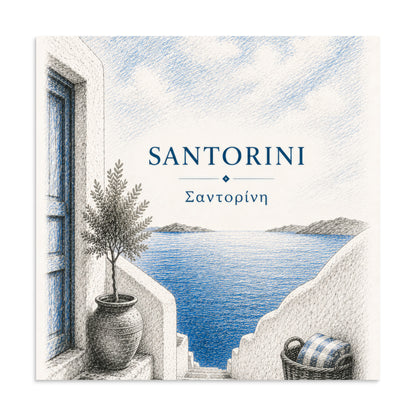 Hand-drawn sketch-style poster of Santorini's cliffside, whitewashed architecture — additional product photo.