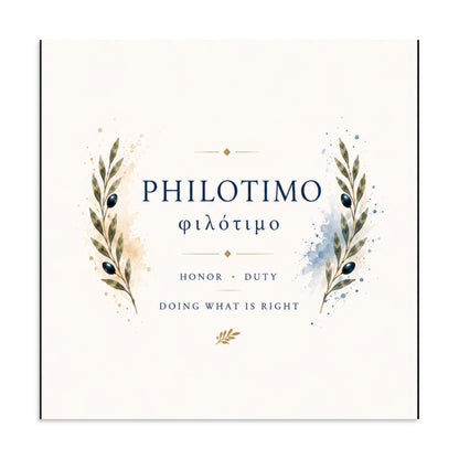 Poster featuring an artful design around the Greek concept of philotimo, 24″×24″ size.