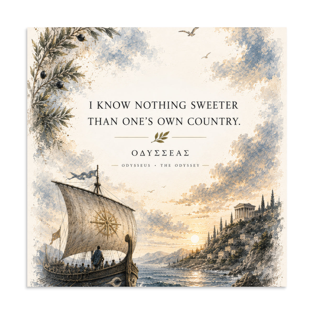 Illustrated poster depicting Odysseus and the journey of The Odyssey, 24″×24″ size.