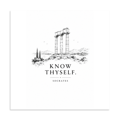 Poster featuring classical ruins and the Greek maxim “Know Thyself” in centered typography, 24″×24″ size.