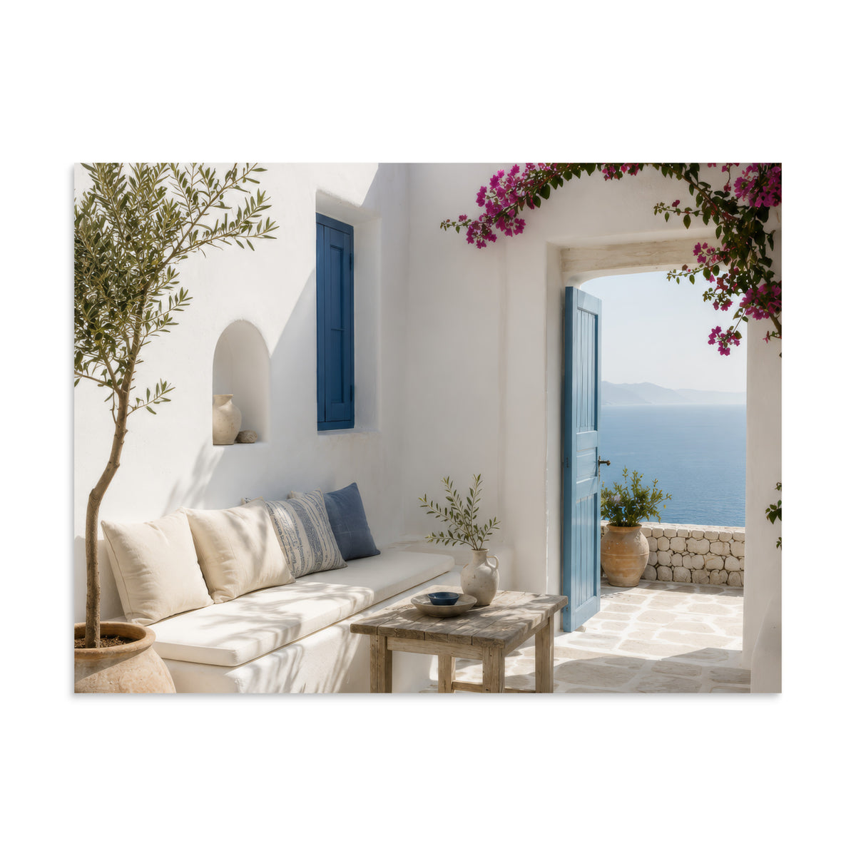 Illustrated Cycladic courtyard scene in white, blue, and stone tones — additional product photo.