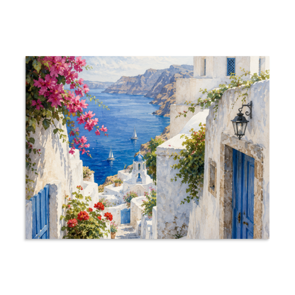 Illustrated poster of a Santorini courtyard scene, 24″×32″ size.