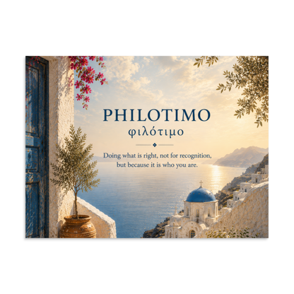Poster featuring an artful design around the Greek concept of philotimo, 24″×32″ size.