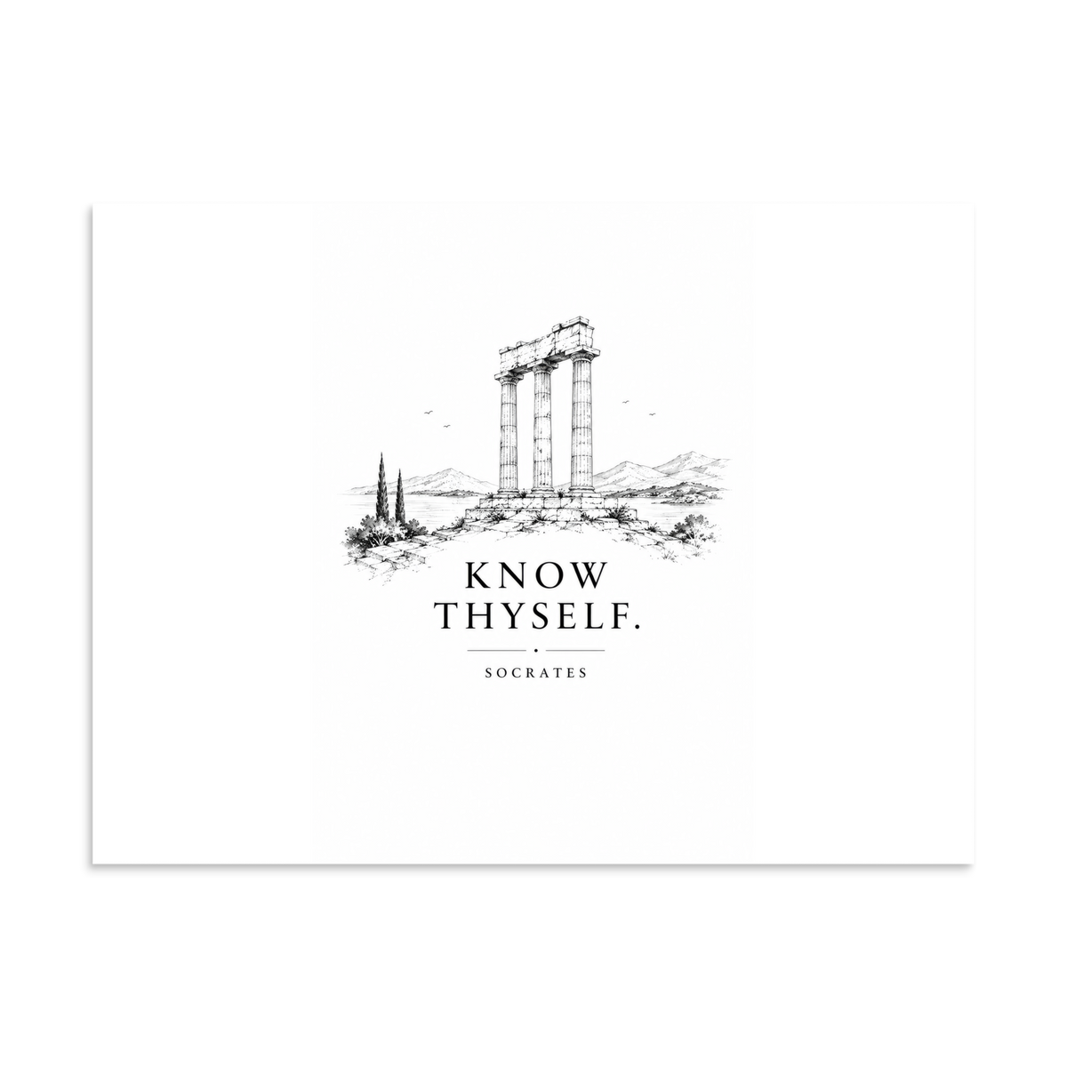 Poster featuring classical ruins and the Greek maxim “Know Thyself” in centered typography, 24″×32″ size.