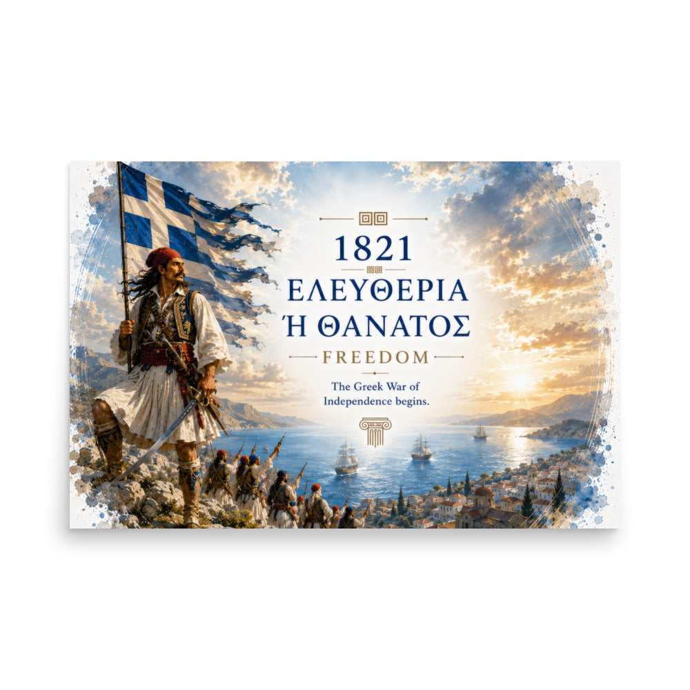 Poster honoring the 1821 Greek Revolution and the phrase Eleftheria i Thanatos — additional product photo.