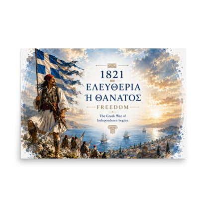 Poster honoring the 1821 Greek Revolution and the phrase Eleftheria i Thanatos — additional product photo.