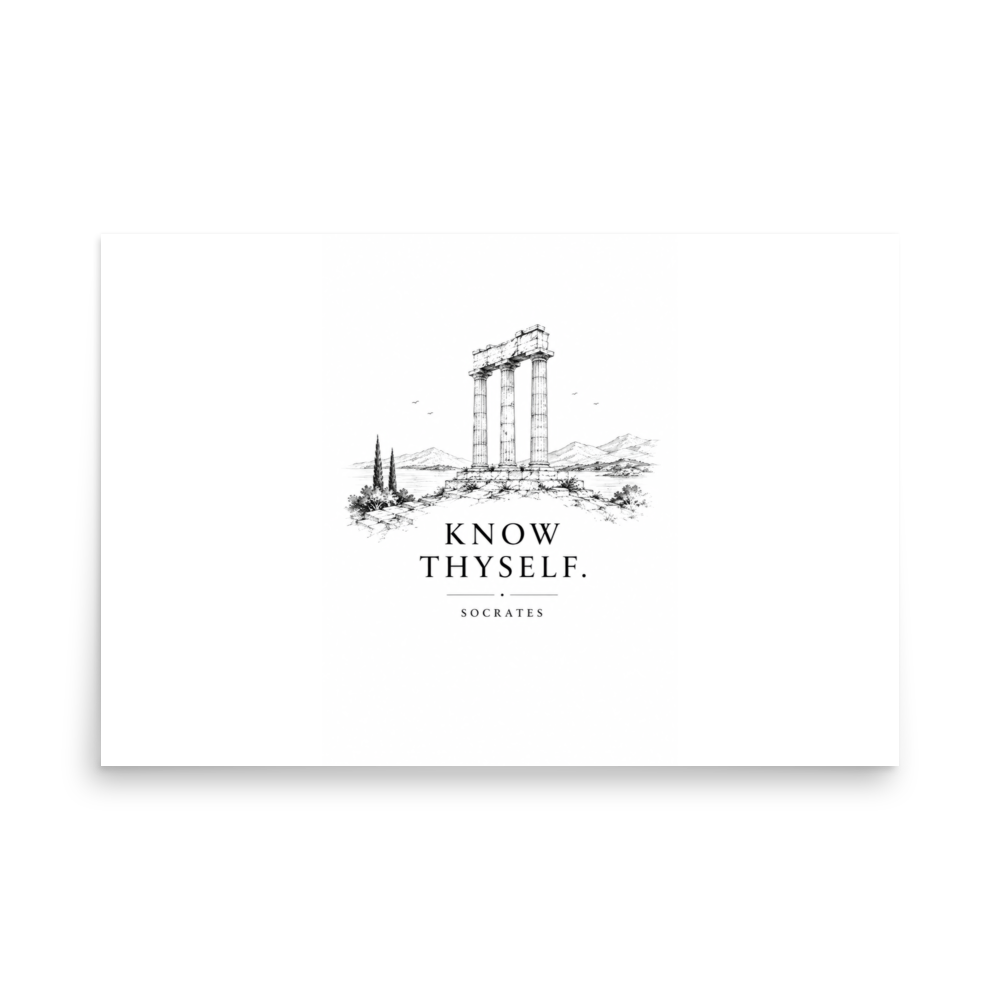 Poster featuring classical ruins and the Greek maxim “Know Thyself” in centered typography — additional product photo.