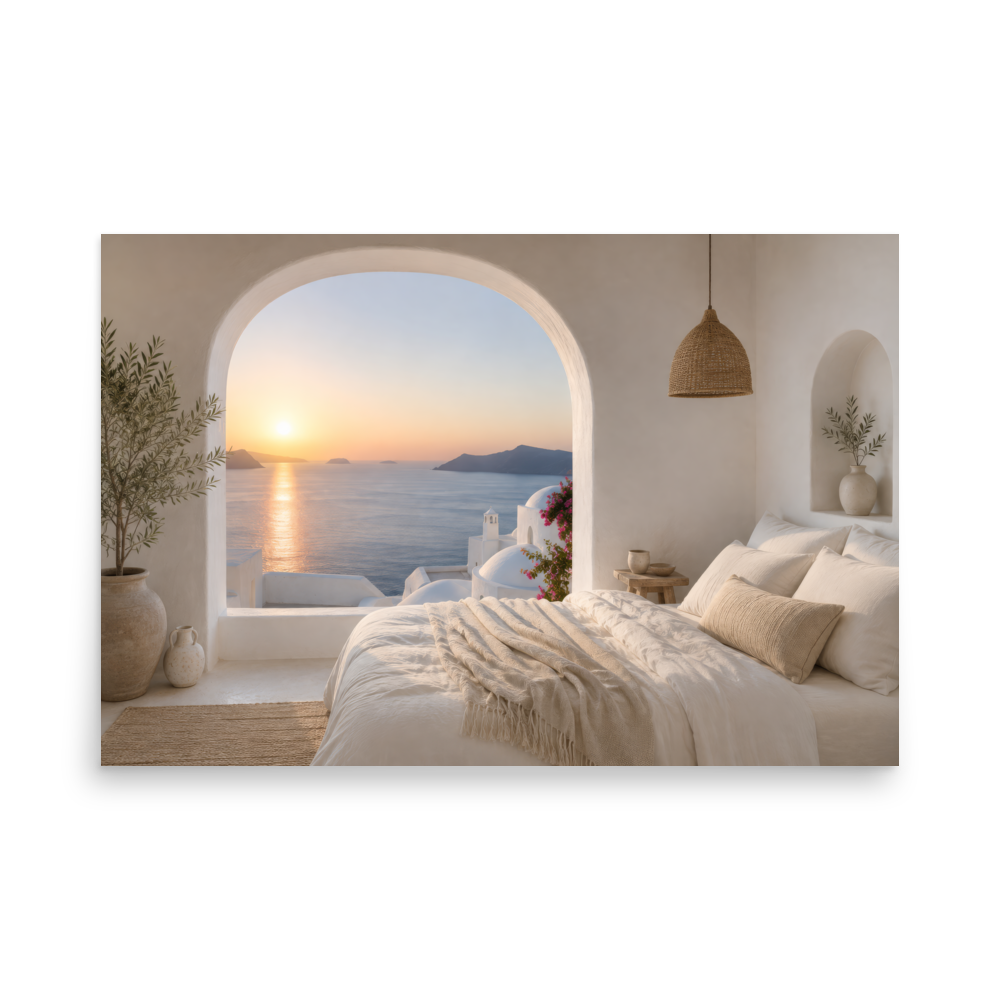 Illustrated Greek-island bedroom scene with whitewashed walls and sea-blue light, 24″×36″ size.