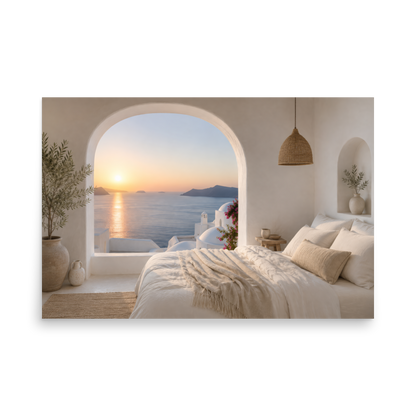 Illustrated Greek-island bedroom scene with whitewashed walls and sea-blue light, 24″×36″ size.