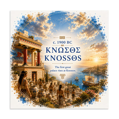 Illustrated poster interpreting ancient Knossos and Bronze Age Crete, 28″×28″ size.