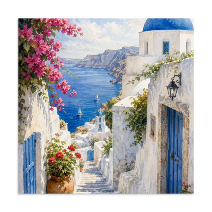 Illustrated poster of a Santorini courtyard scene, 28″×28″ size.