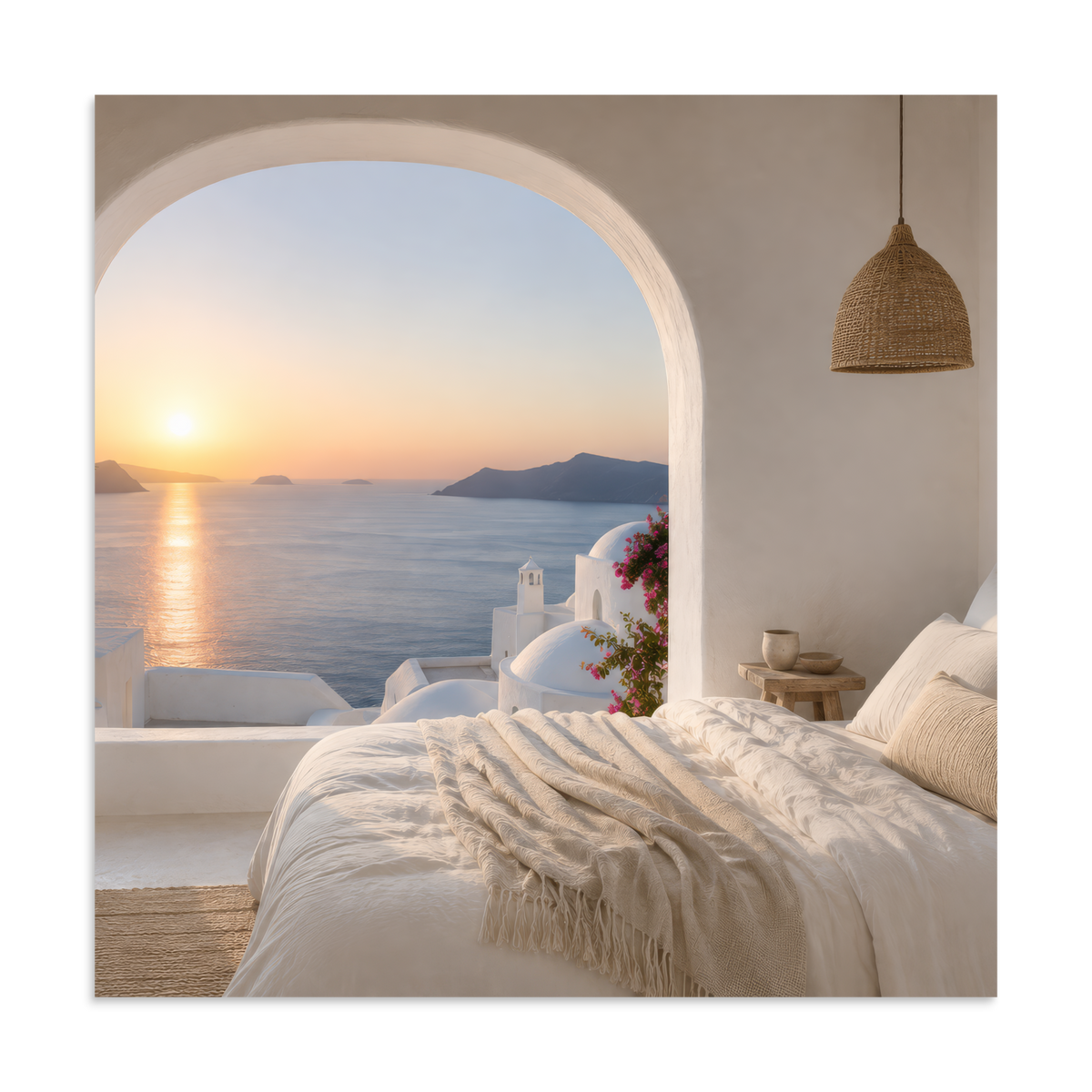 Illustrated Greek-island bedroom scene with whitewashed walls and sea-blue light, 28″×28″ size.