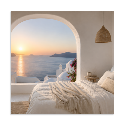 Illustrated Greek-island bedroom scene with whitewashed walls and sea-blue light, 28″×28″ size.
