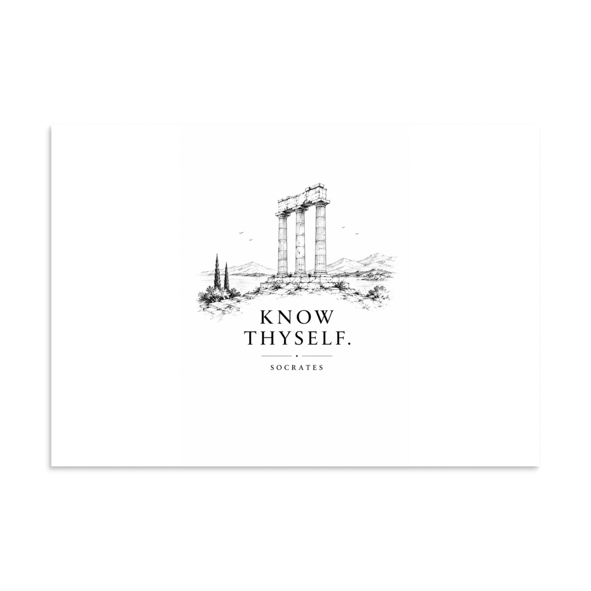 Poster featuring classical ruins and the Greek maxim “Know Thyself” in centered typography, 28″×40″ size.
