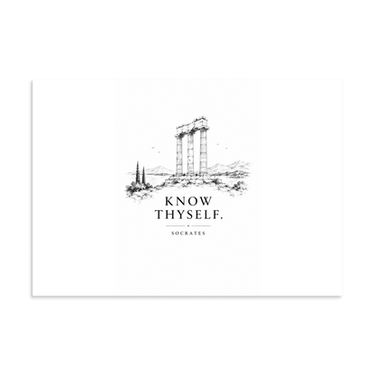 Poster featuring classical ruins and the Greek maxim “Know Thyself” in centered typography, 28″×40″ size.