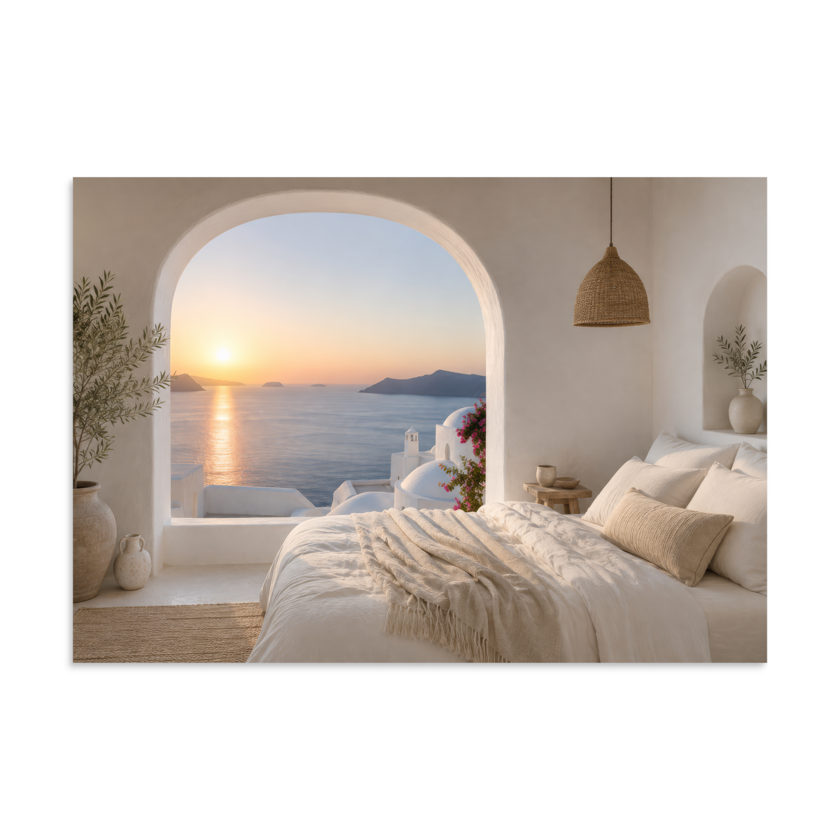 Illustrated Greek-island bedroom scene with whitewashed walls and sea-blue light, 28″×40″ size.