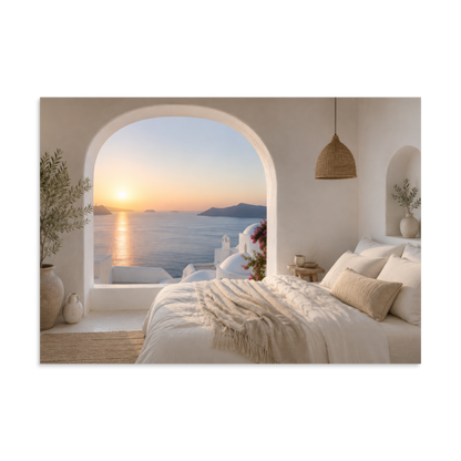 Illustrated Greek-island bedroom scene with whitewashed walls and sea-blue light, 28″×40″ size.
