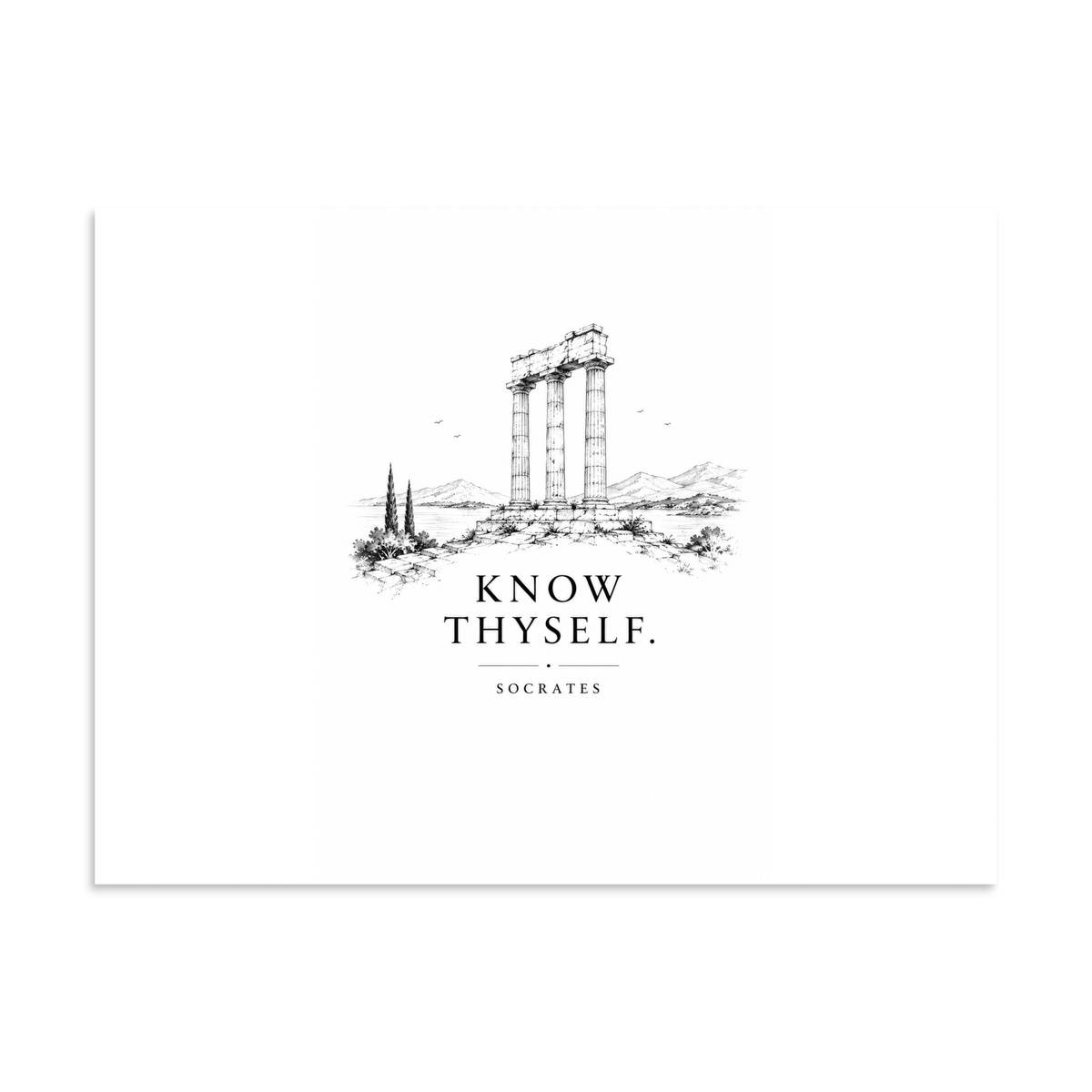 Poster featuring classical ruins and the Greek maxim “Know Thyself” in centered typography, 30″×40″ size.