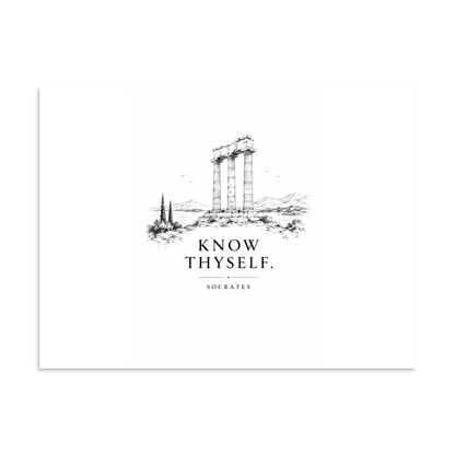 Poster featuring classical ruins and the Greek maxim “Know Thyself” in centered typography, 30″×40″ size.
