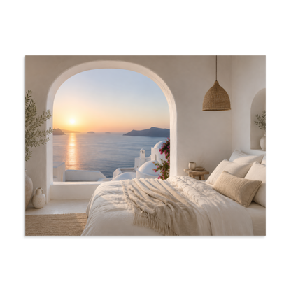 Illustrated Greek-island bedroom scene with whitewashed walls and sea-blue light, 30″×40″ size.
