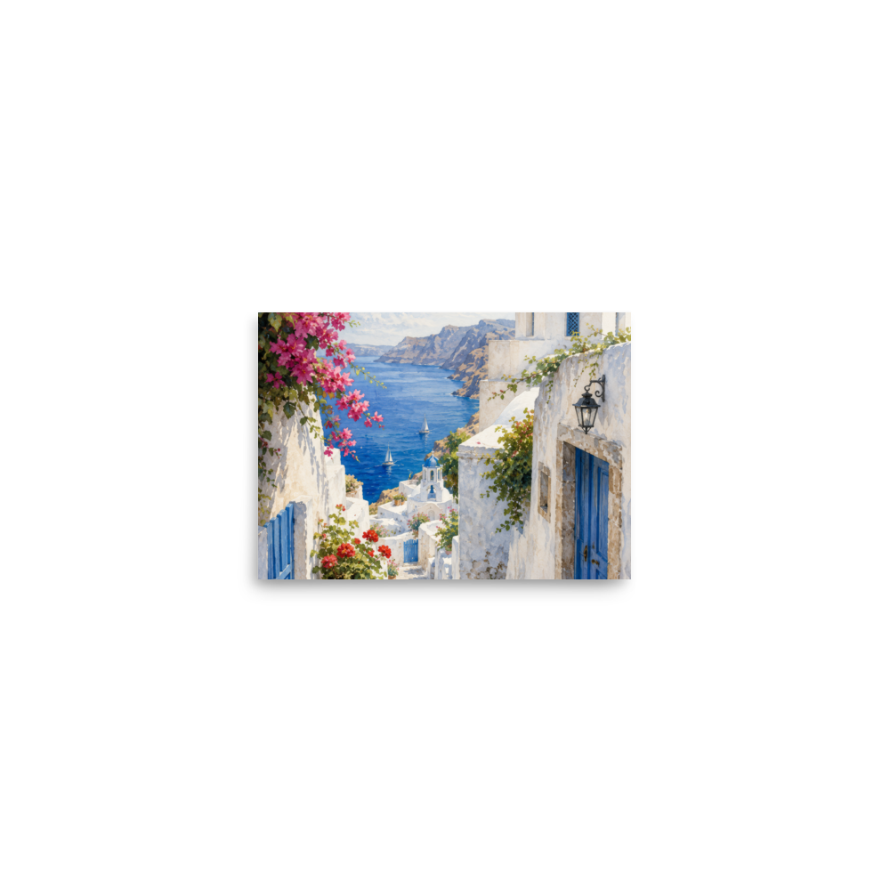 Illustrated poster of a Santorini courtyard scene — additional product photo.
