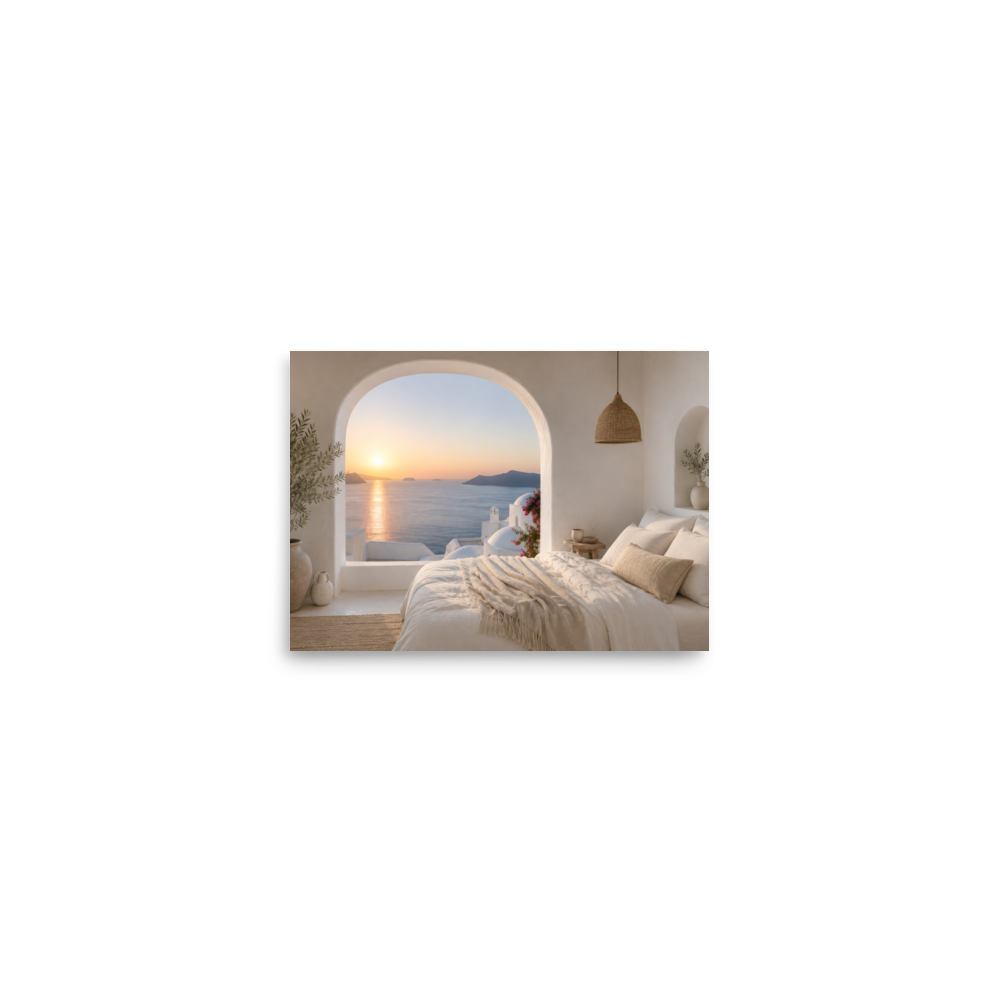 Illustrated Greek-island bedroom scene with whitewashed walls and sea-blue light — additional product photo.