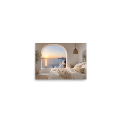 Illustrated Greek-island bedroom scene with whitewashed walls and sea-blue light — additional product photo.