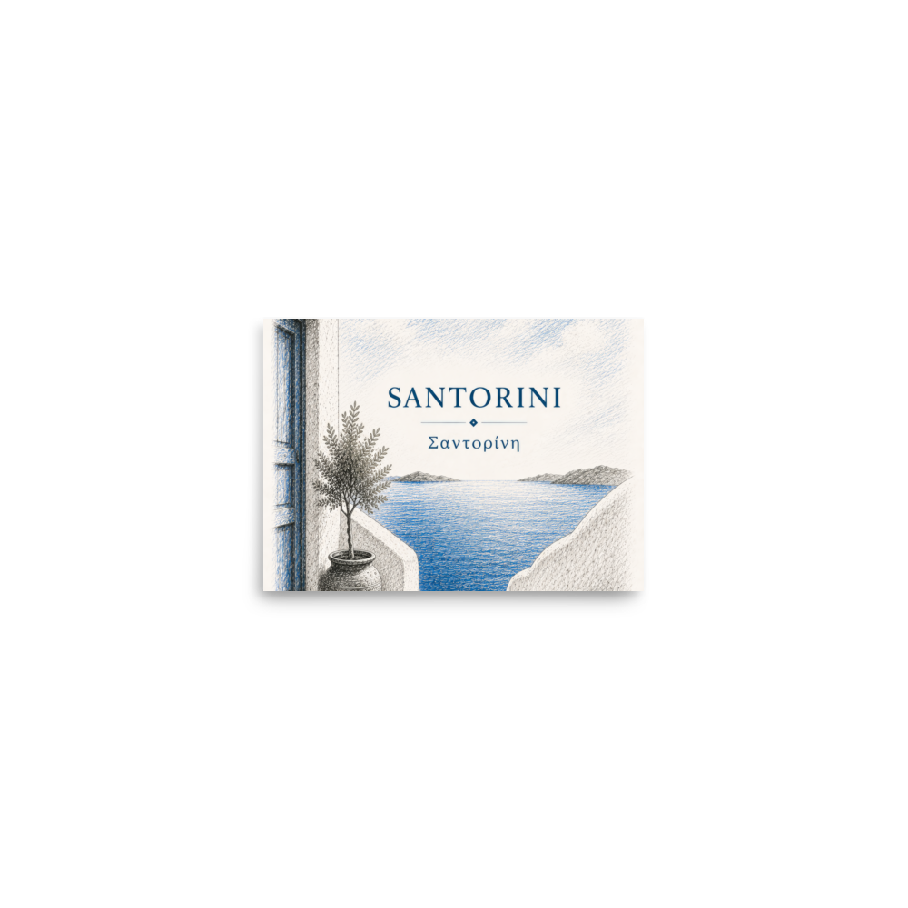 Hand-drawn sketch-style poster of Santorini's cliffside, whitewashed architecture.