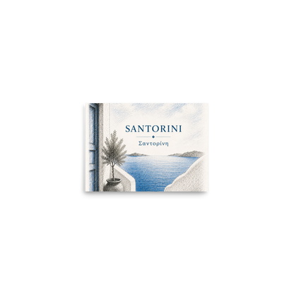 Hand-drawn sketch-style poster of Santorini's cliffside, whitewashed architecture.