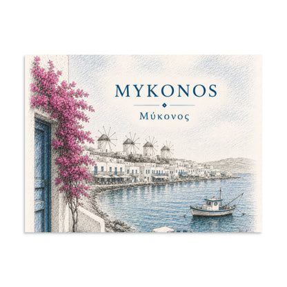 Hand-drawn sketch-style poster of Mykonos's whitewashed architecture, 6″×8″ size.