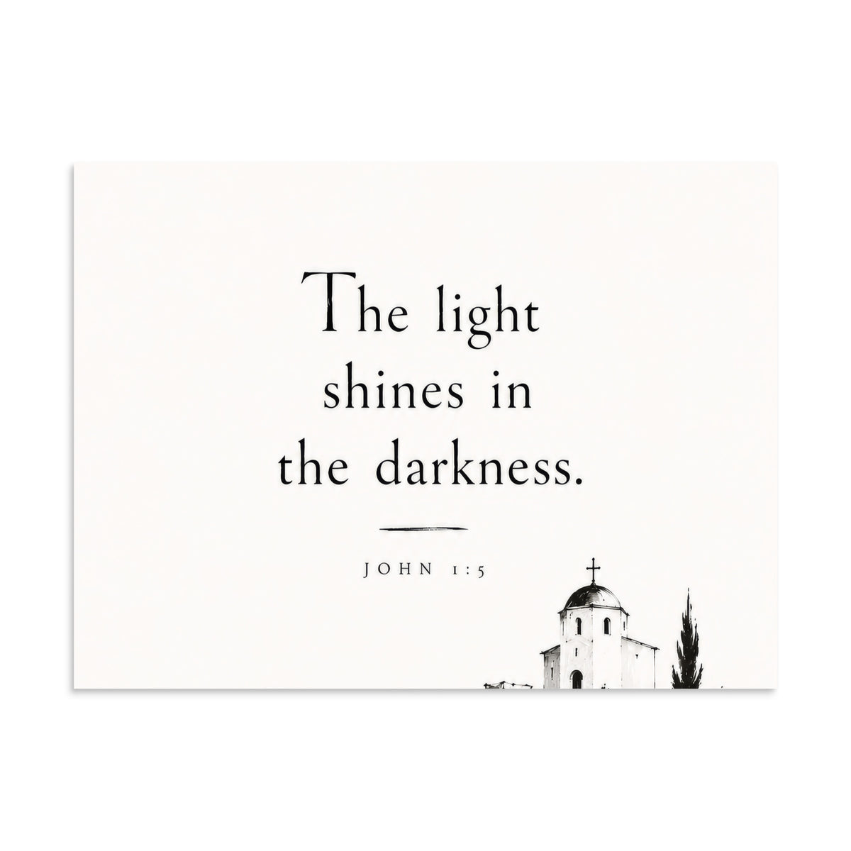 Scripture poster featuring John 1:5 and the theme of light overcoming darkness, 6″×8″ size.