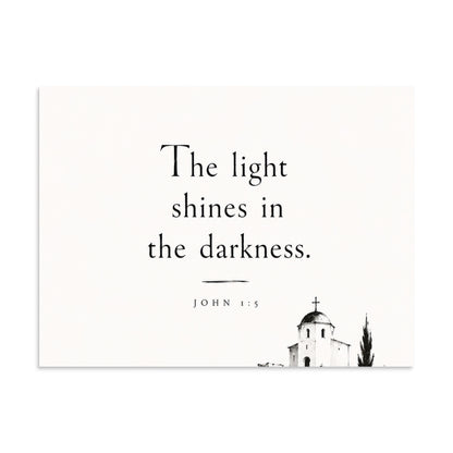 Scripture poster featuring John 1:5 and the theme of light overcoming darkness, 6″×8″ size.
