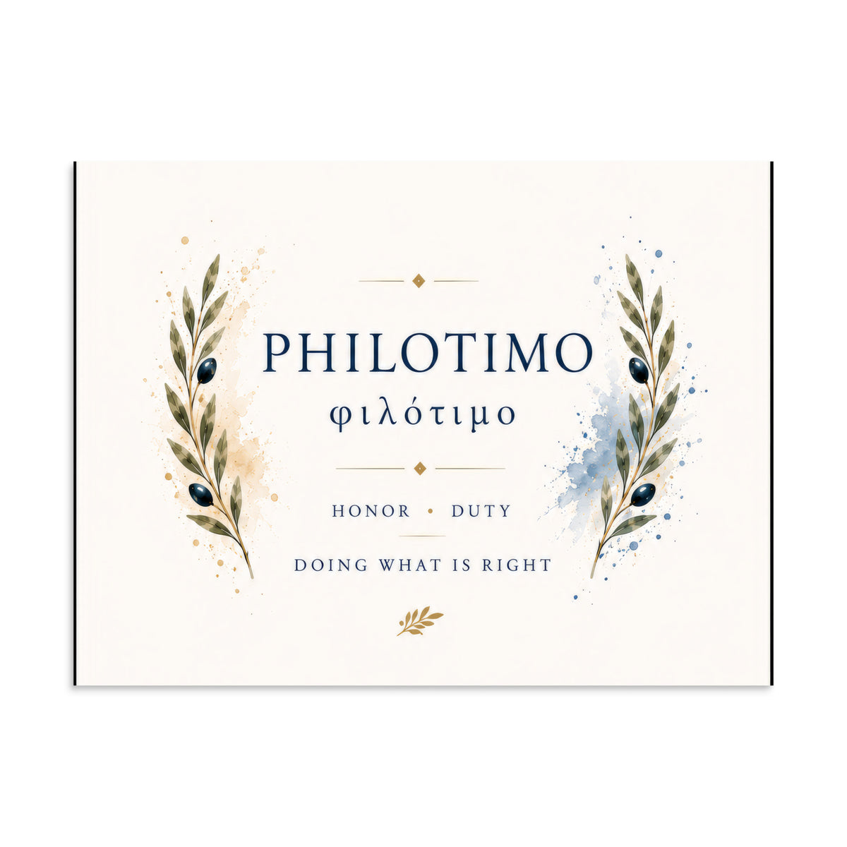 Poster featuring an artful design around the Greek concept of philotimo, 6″×8″ size.