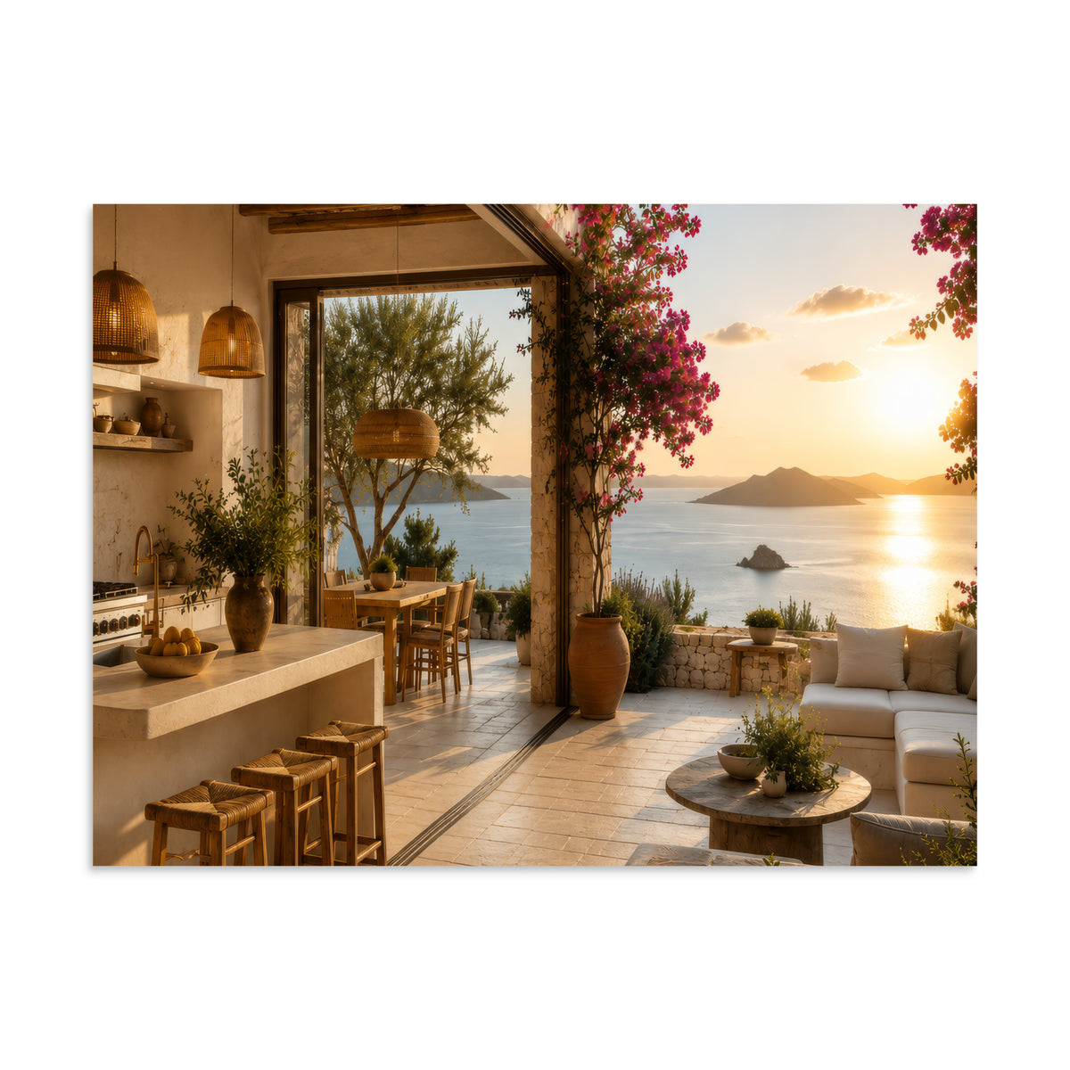 Illustrated poster of a Mediterranean kitchen inspired by the Ionian islands, 6″×8″ size.