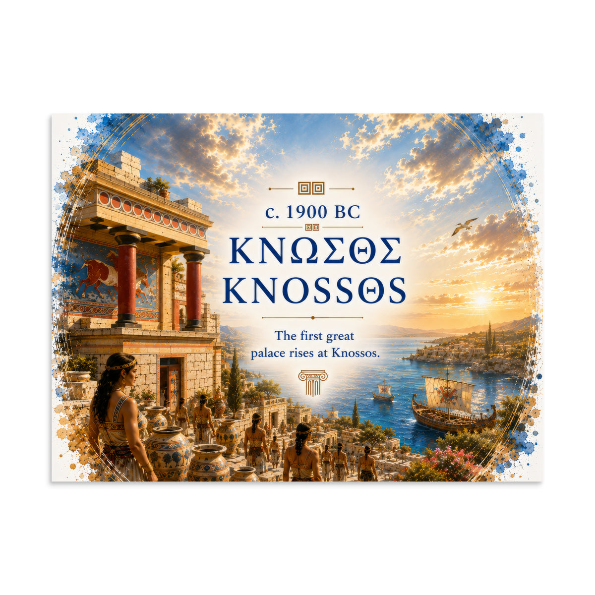Illustrated poster interpreting ancient Knossos and Bronze Age Crete, 6″×8″ size.