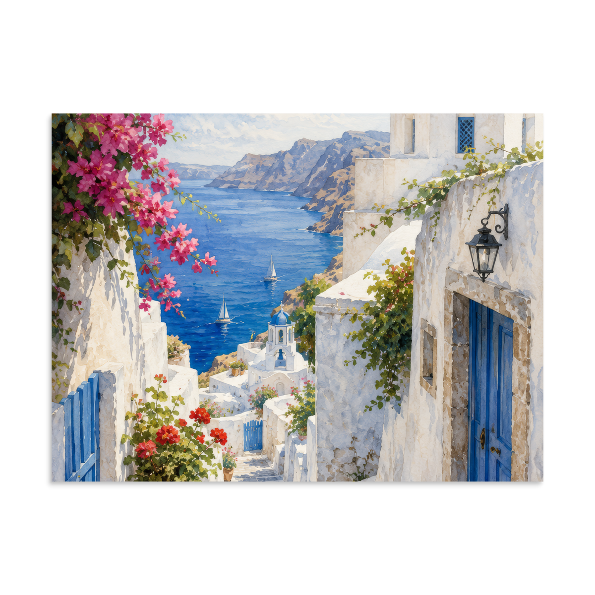 Illustrated poster of a Santorini courtyard scene, 6″×8″ size.