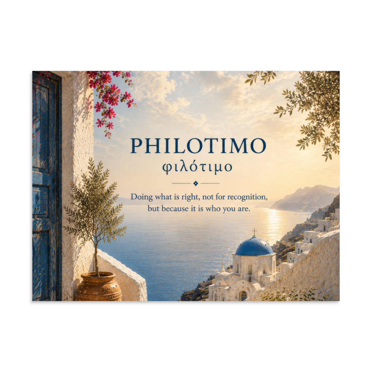 Poster featuring an artful design around the Greek concept of philotimo, 6″×8″ size.
