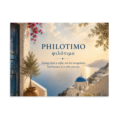Poster featuring an artful design around the Greek concept of philotimo, 6″×8″ size.