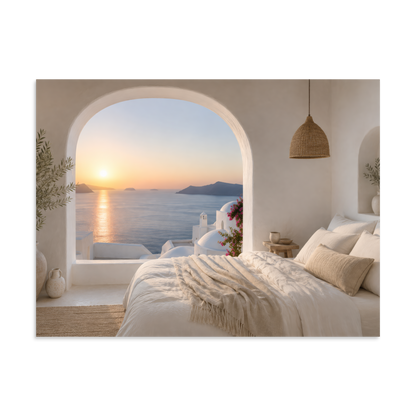 Illustrated Greek-island bedroom scene with whitewashed walls and sea-blue light, 6″×8″ size.