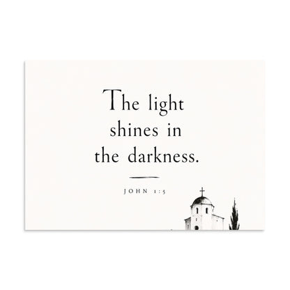 Scripture poster featuring John 1:5 and the theme of light overcoming darkness, 8.27″×11.69″ size.