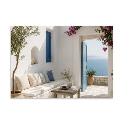 Illustrated Cycladic courtyard scene in white, blue, and stone tones, 8.27″×11.69″ size.