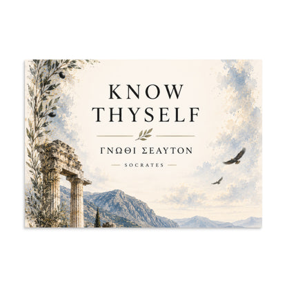 Poster featuring classical ruins and the Greek maxim “Know Thyself” in centered typography, 8.27″×11.69″ size.